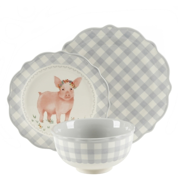 ❤️ New Pioneer Woman Gingham Grey 12-Piece Dinnerware Set - Picture 6 of 8